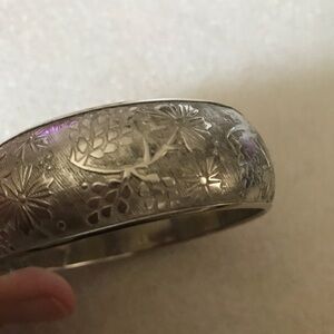 Engraved Silver Floral Bangle Bracelet